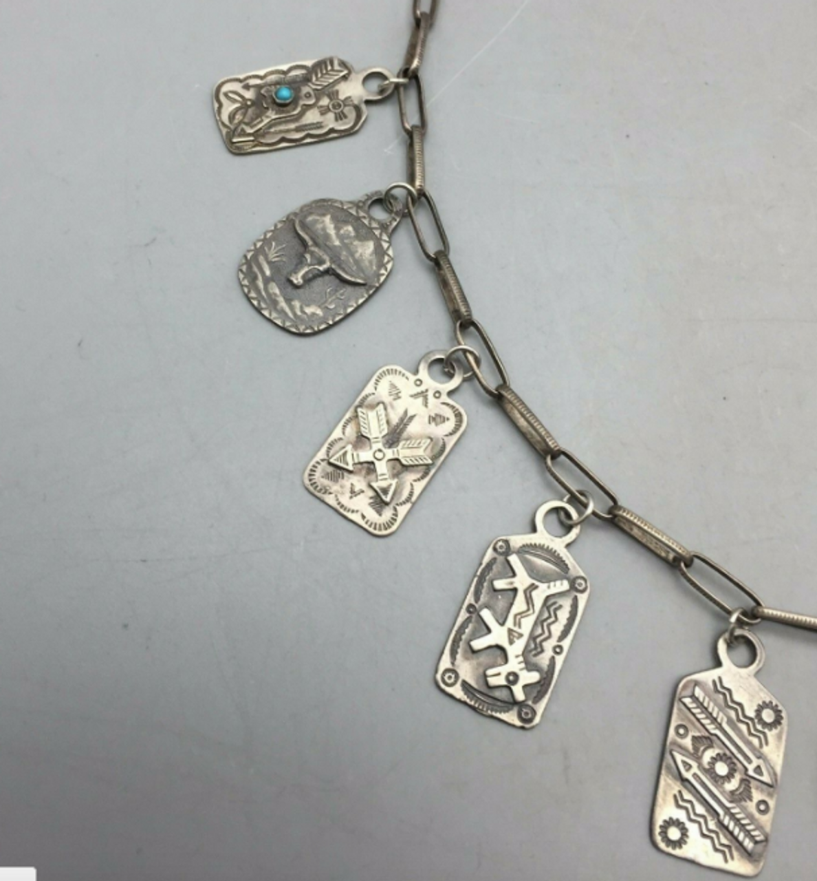 Wow! Unique, Tab Necklace With Old Tabs and a High-Grade Turquoise Pendant