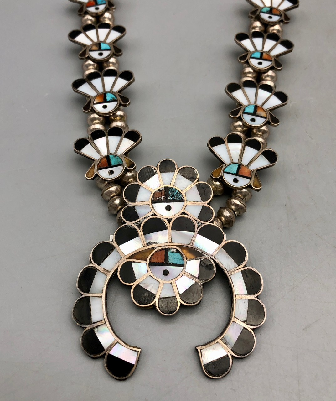 A Gorgeous 1960s Era Zuni Inlay Squash Blossom Style Necklace