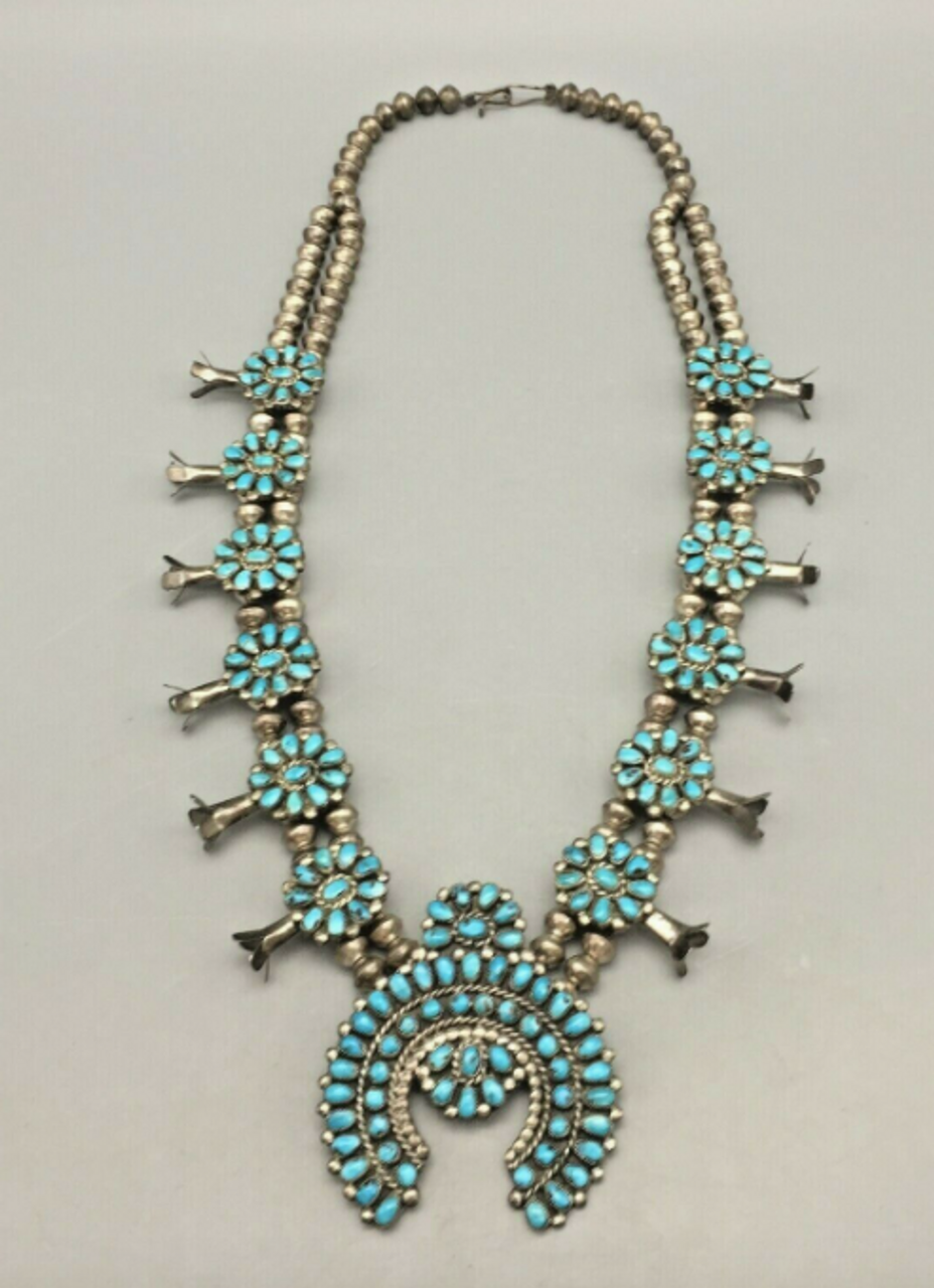 Mid-Century Turquoise Cluster Squash Blossom Necklace