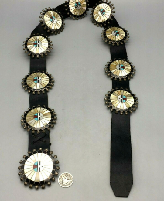 Ceinture Concho En Argent Sterling Vintage Zuni - Motif Sunface, Taille 39 Pouces, Occasion Très Bon état