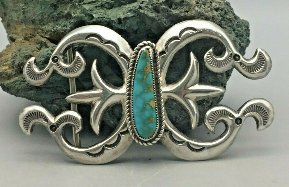 Vintage Sandcast Navajo Turquoise and Sterling Silver Buckle display picture 1