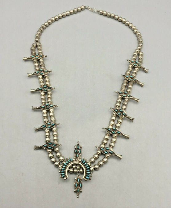 Vintage Zuni Needle Point Squash Blossom Necklace