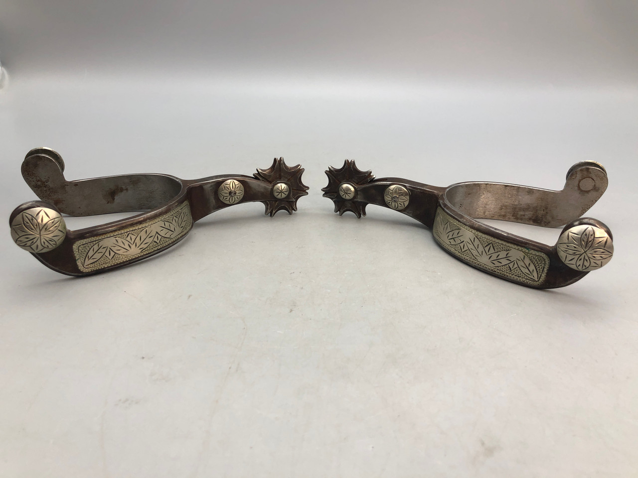 Vintage Crockett Single Spurs Stainless Steel Engraved Western Cowboy Marked c1940 main image 4