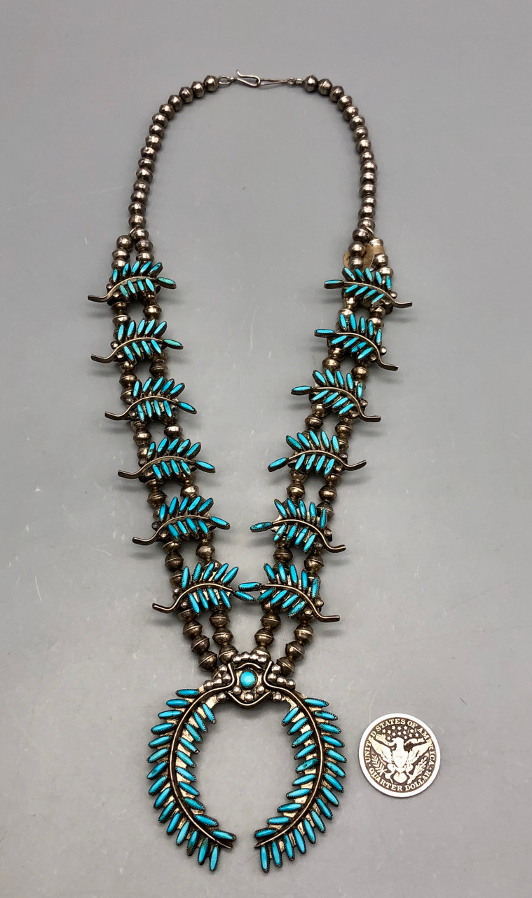 チュナ Circa 1950s Zuni Turquoise Needlepoint Squash Blossom Necklace