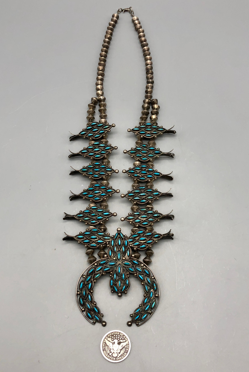 Elegant Circa 1940s Zuni Needle Point Squash Blossom Necklace