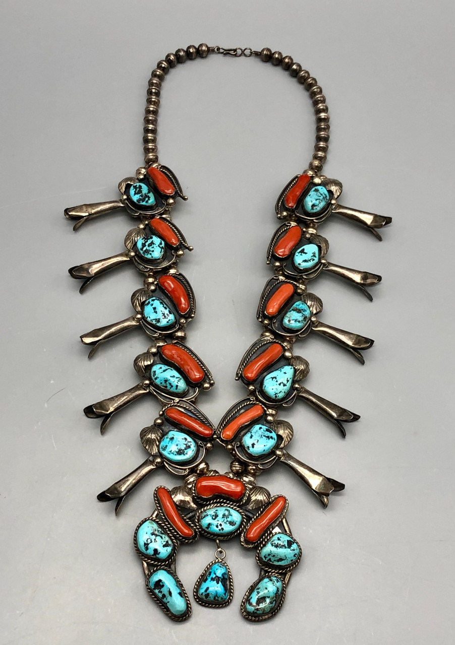 Sold at Auction: RED CORAL & SILVER SQUASH BLOSSOM NECKLACE SET