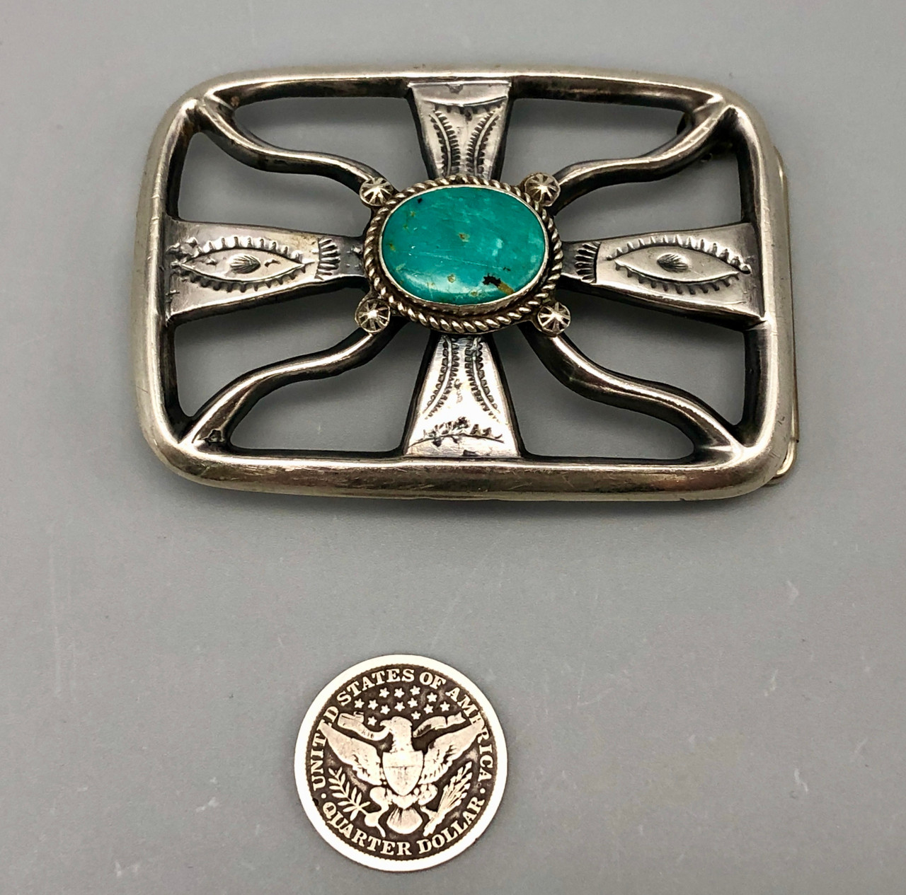 Vintage Navajo Turquoise and Sandcast Belt Buckle display picture 1