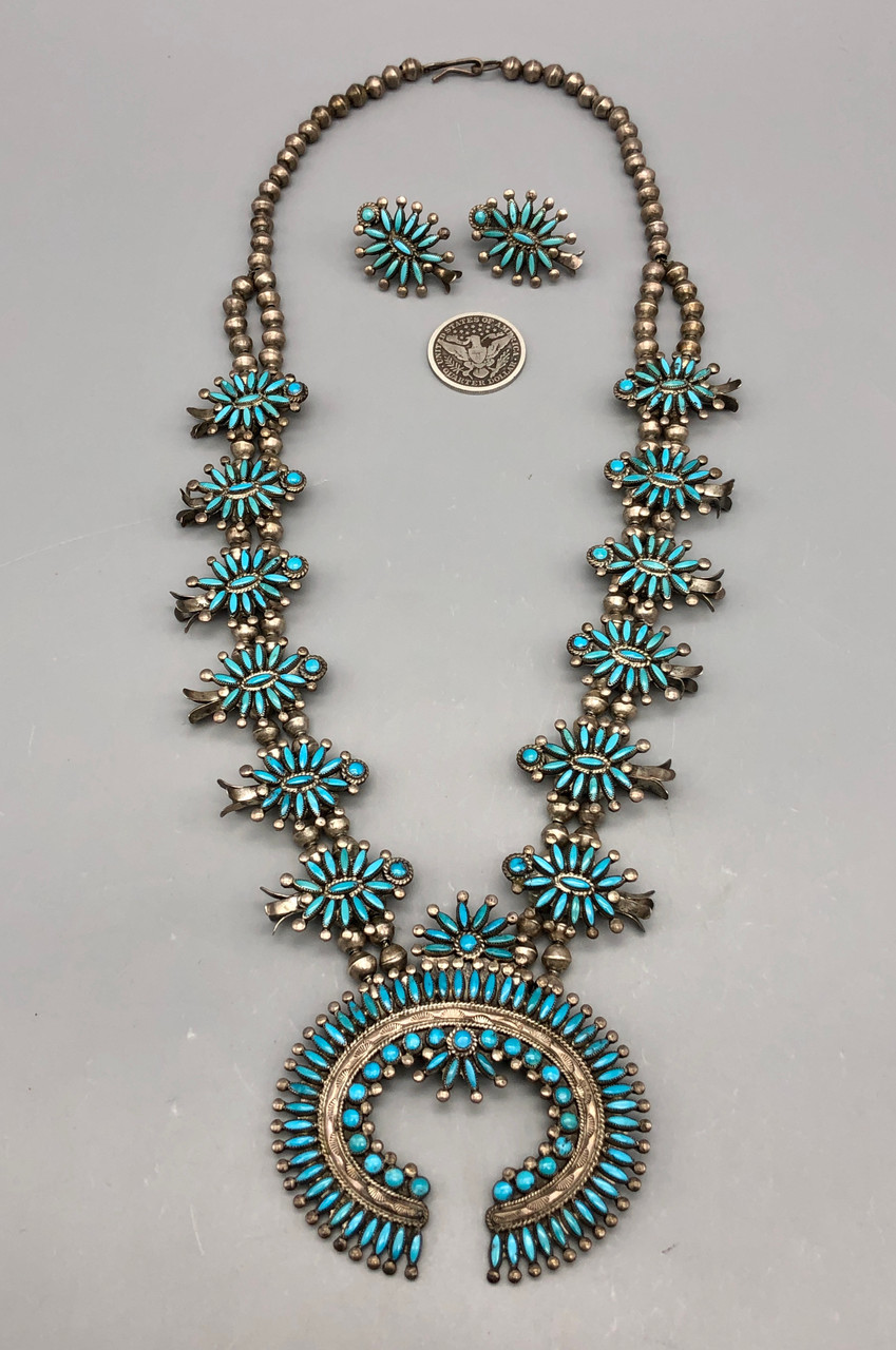 Exquisite 1940s Zuni Needle Point Squash Blossom Necklace and