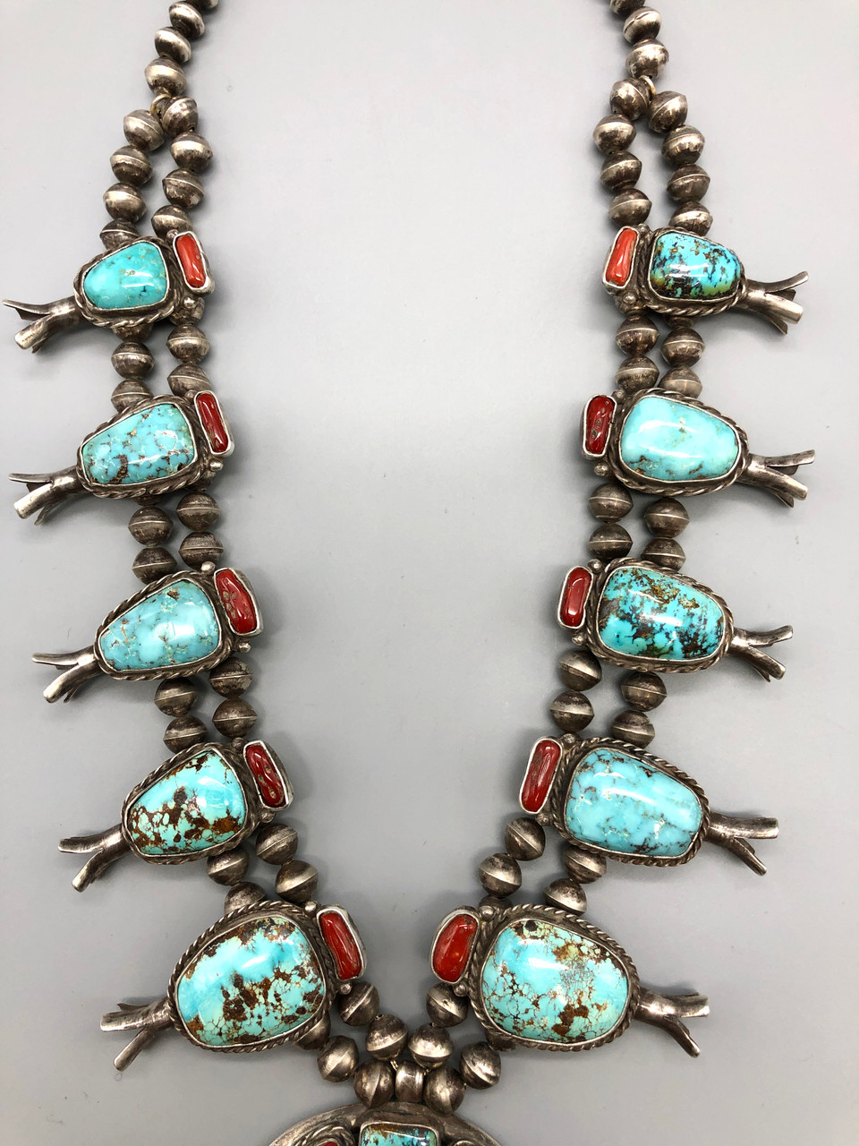 Vintage Coral and Turquoise Squash Blossom Necklace