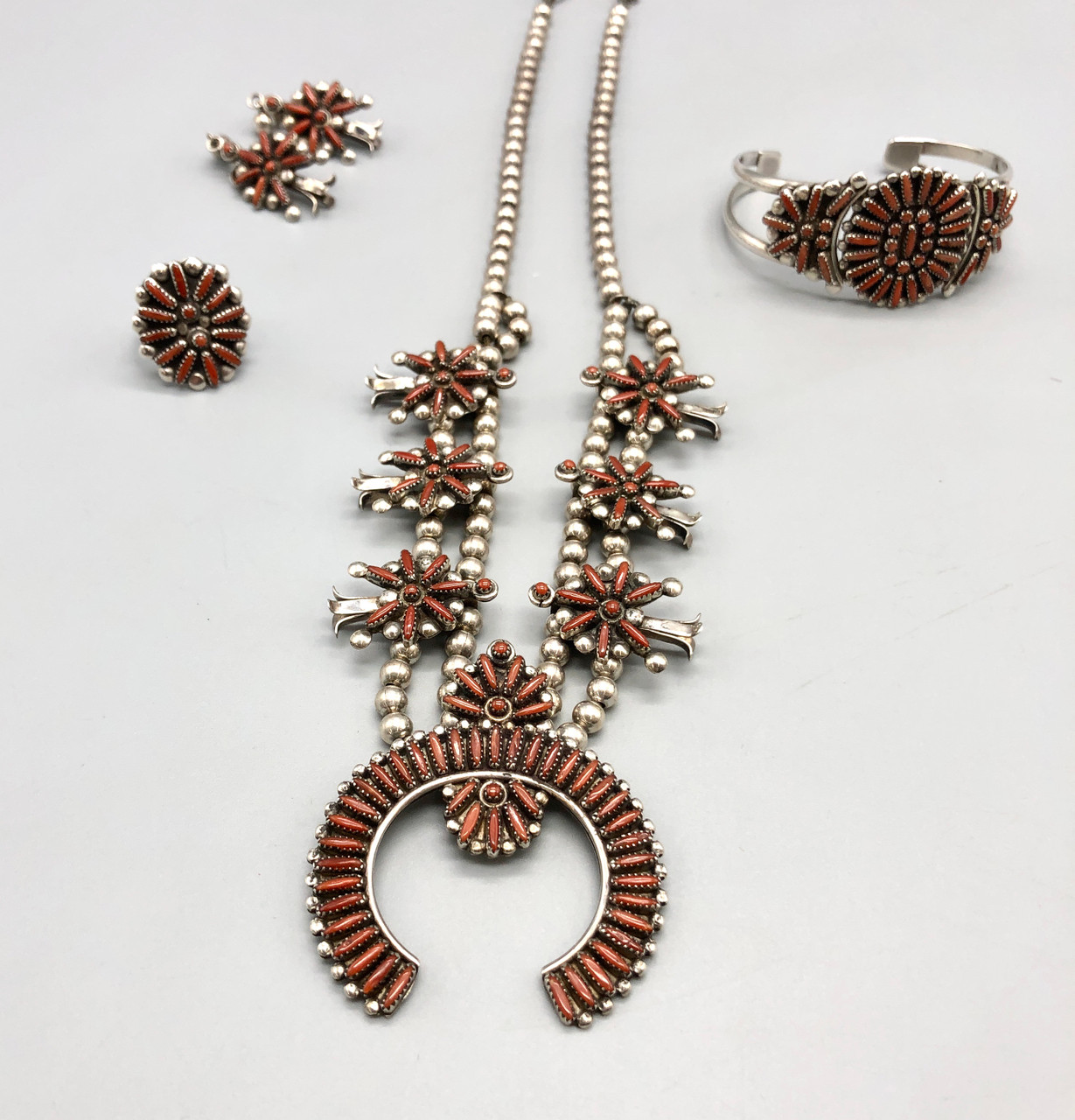 4Pc. Zuni Needlepoint Coral Squash Blossom Set