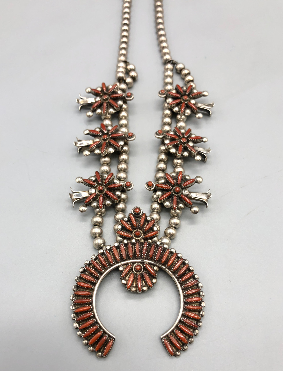 4Pc. Zuni Needlepoint Coral Squash Blossom Set