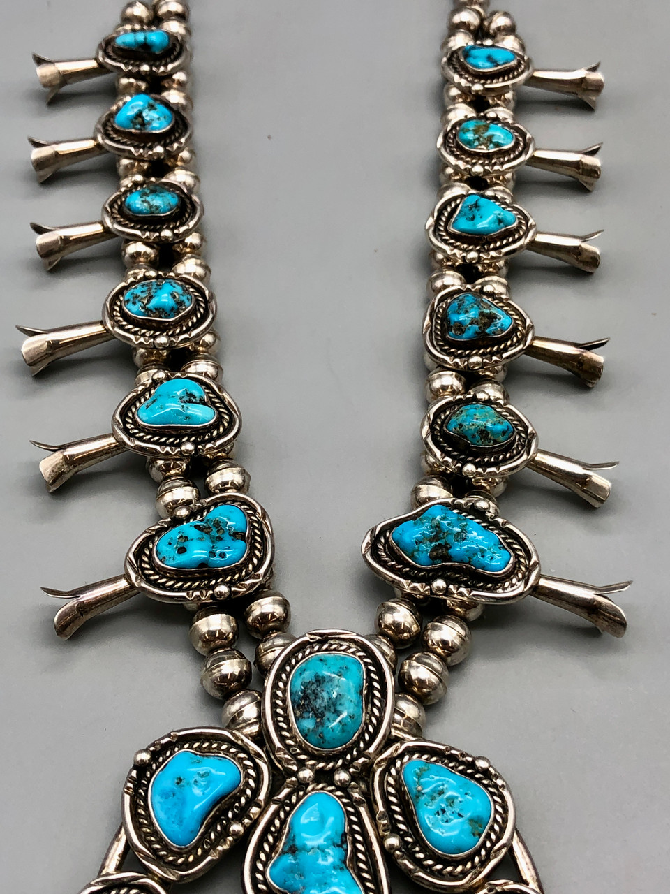 Turquoise Sterling Silver Squash Blossom Necklace by Benny Pinto