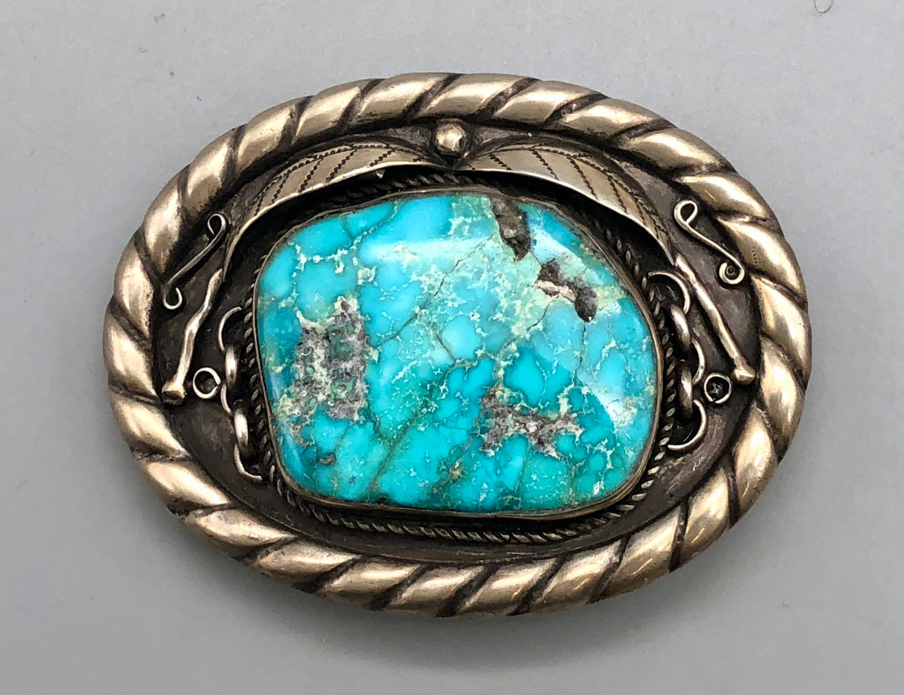 VTG Nickel Silver‎ Belt Buckle Turquoise Cabochon 3-Stone Southwest Leaf Design Just dropped some incredible sandcast cuffs, watch cuffs  main image 4