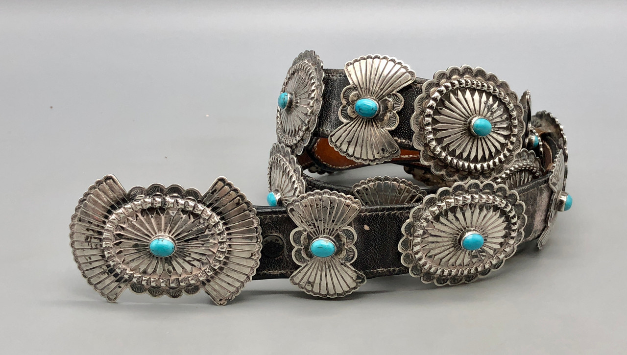 Vintage Turquoise and Sterling Silver Concho Belt by B. Begay