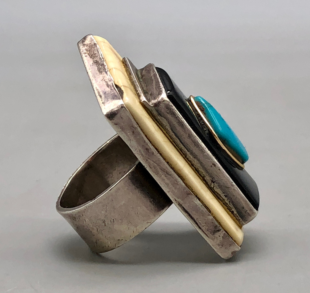 Vintage Bone Onyx Turquoise Sterling Silver and Gold Ring