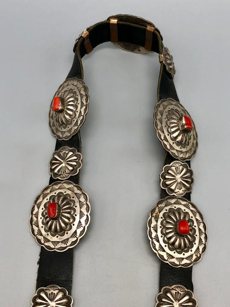 Vintage Bohemian Belt w/Antique Silver Tone Medallions & Coral, Enamel Beads vintage-navajo-coral-sterling-  main image 3