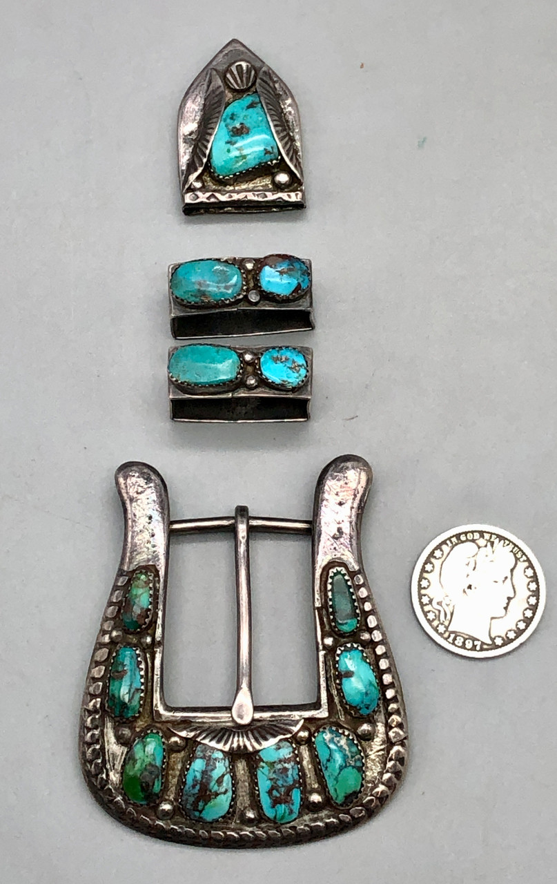 Vintage 4 Piece Turquoise And Sterling Silver Ranger Buckle Set display picture 2