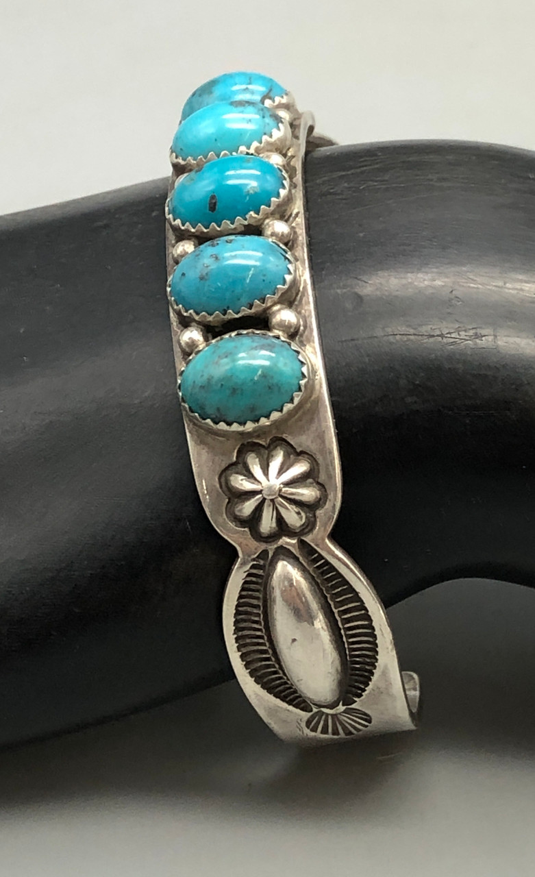 5 Stone Turquoise And Sterling Silver Bracelet By Edison Sandy Smith