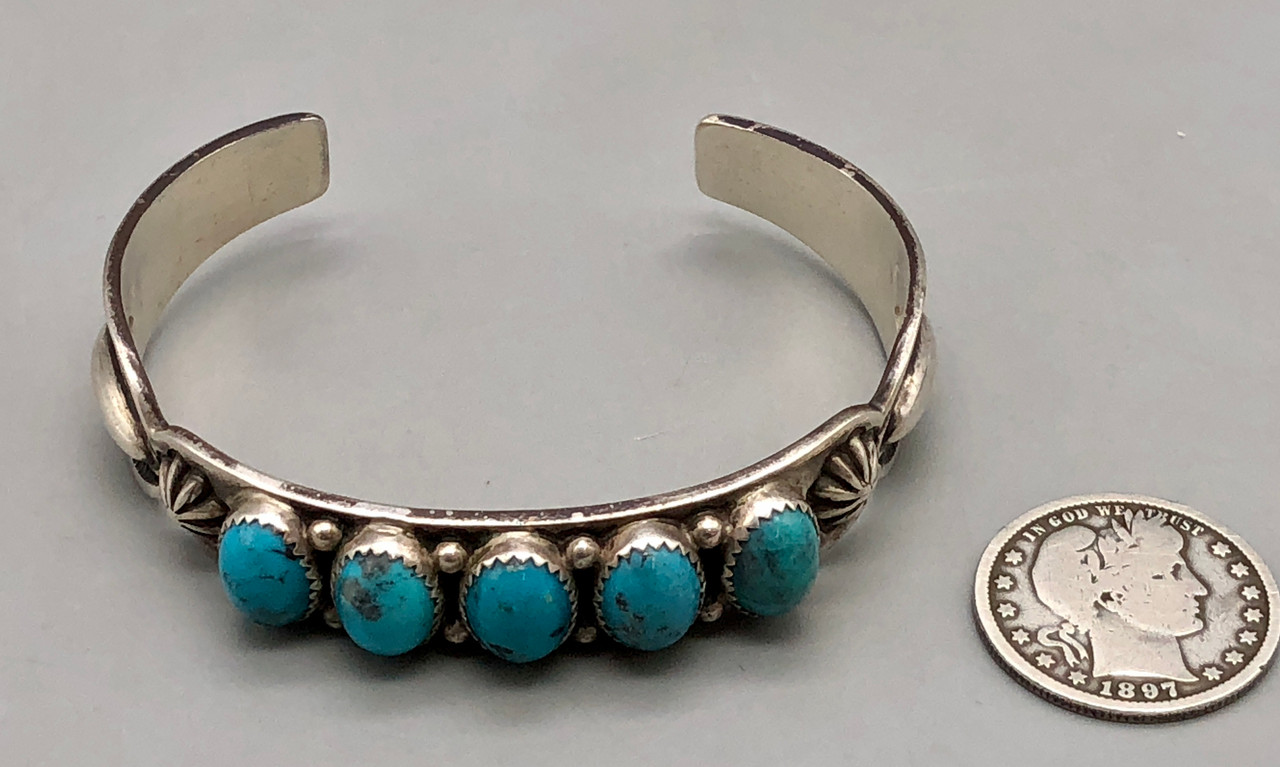 5 Stone Turquoise And Sterling Silver Bracelet By Edison Sandy Smith