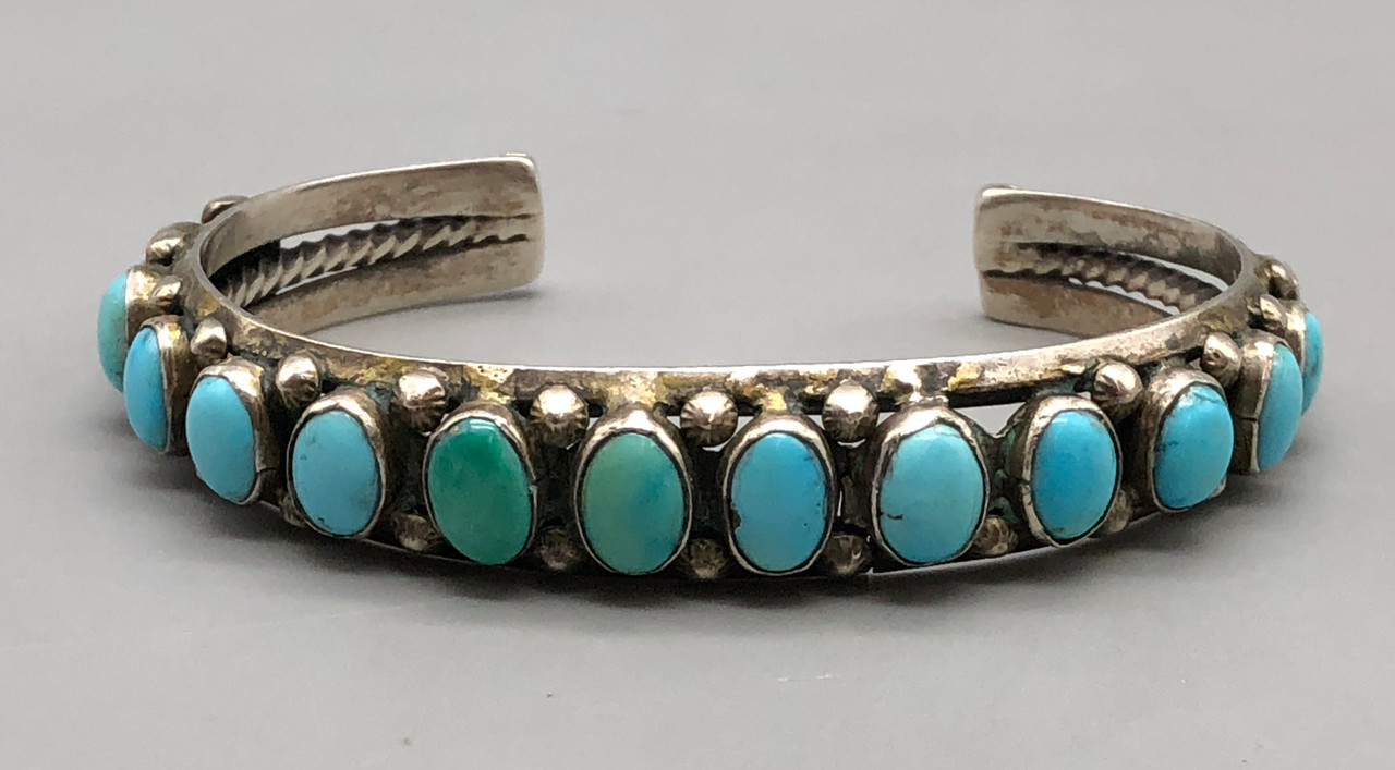 Older 15 Stone Natural Turquoise And Sterling Silver Bracelet