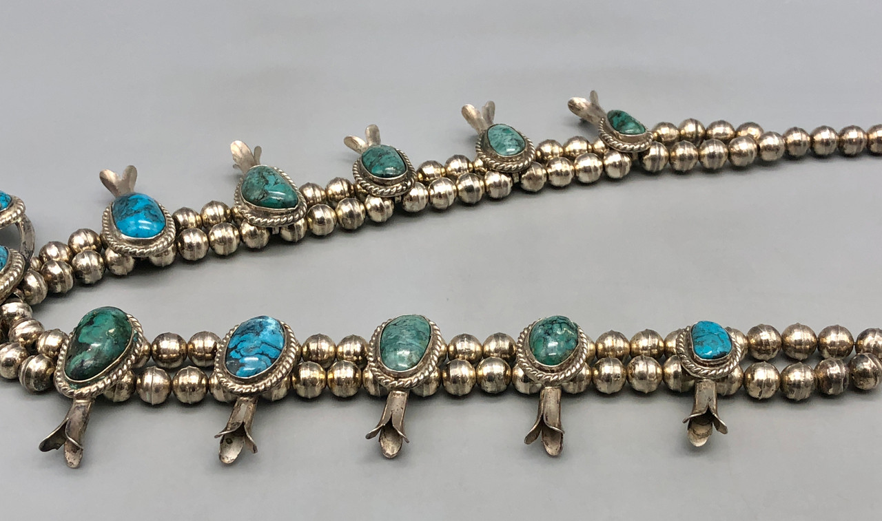 Seventeen Stone Turquoise and Sterling Silver Squash Blossom Necklace