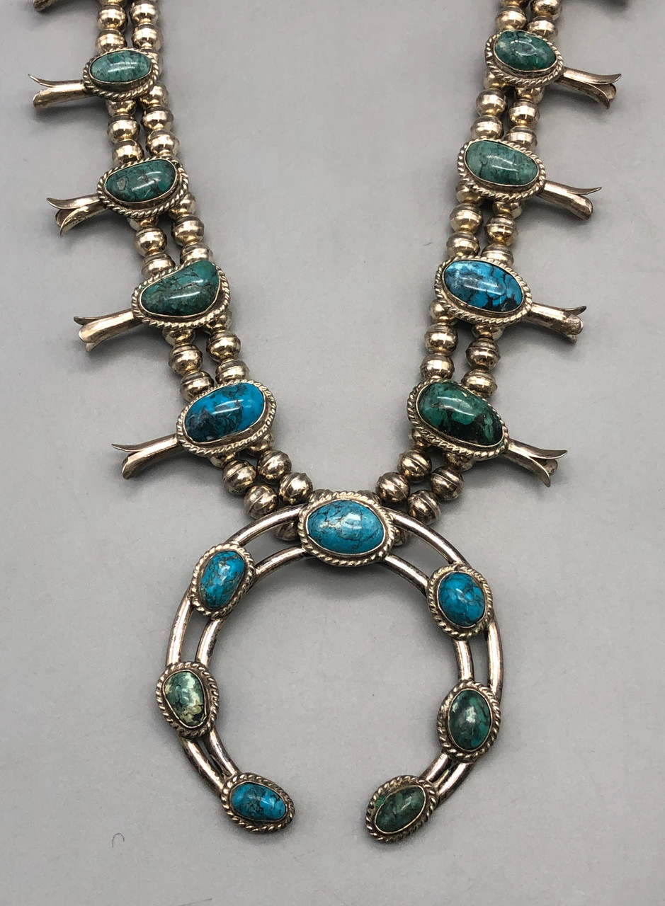 Seventeen Stone Turquoise and Sterling Silver Squash Blossom Necklace