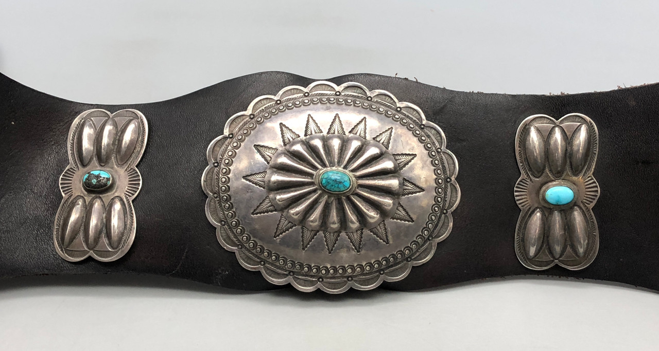 SSM numbered Cowhide adjustable Belt with Silver/Faux Turqoise Conchos Vintage Sterling Silver and Turquoise Concho Belt* - Etsy main image 3