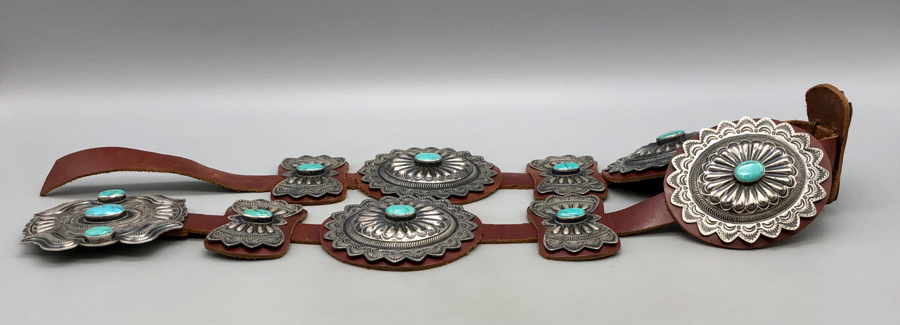 Belt - Vintage Silver Square Conchos with Turquoise - Long Ago & Far Away