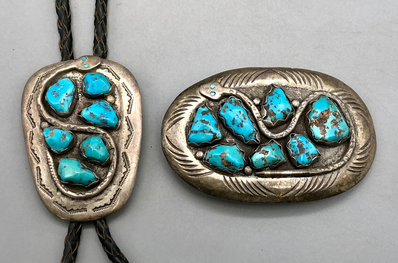 Vintage Effie C. Turquoise Bolo Tie and Belt Buckle Set