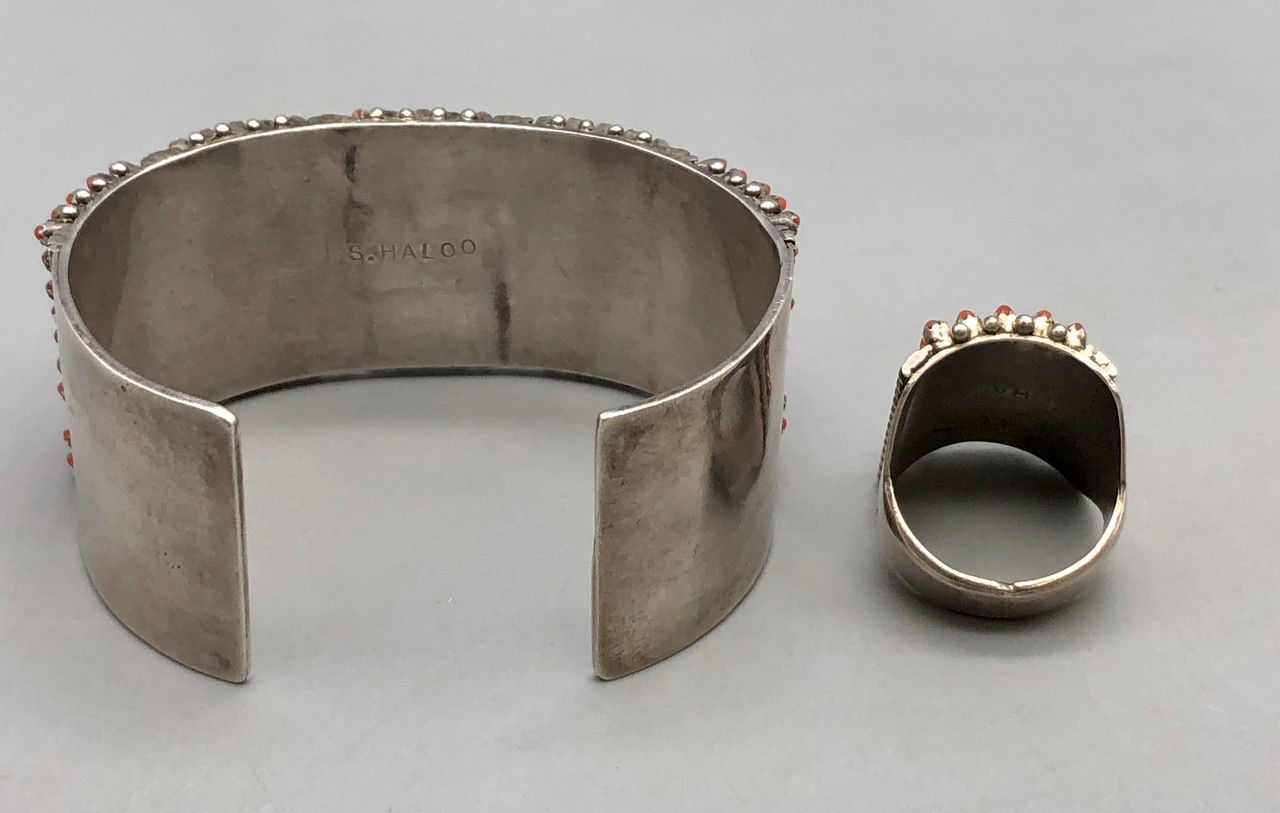 Zuni Snake Eye Coral Bracelet and Ring Set by Sam Haloo
