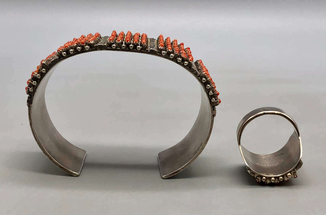 Zuni Snake Eye Coral Bracelet and Ring Set by Sam Haloo