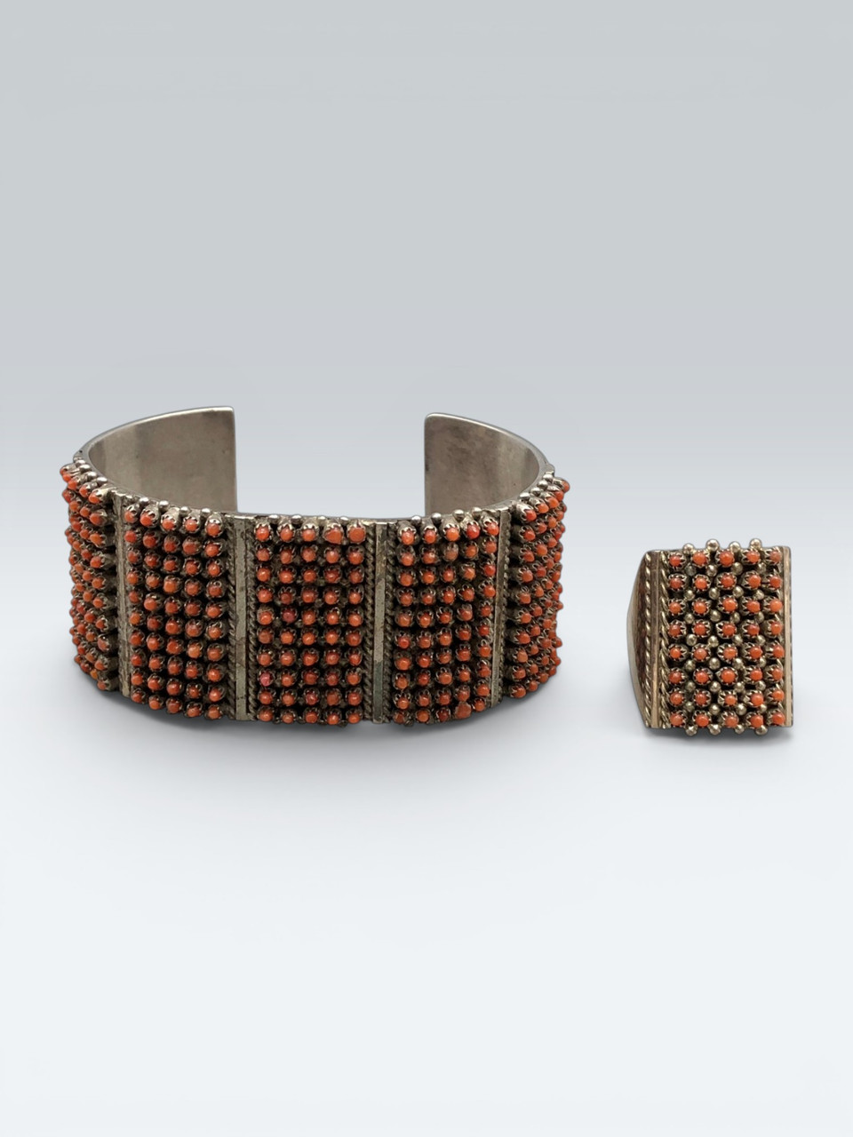 Zuni Snake Eye Coral Bracelet and Ring Set by Sam Haloo