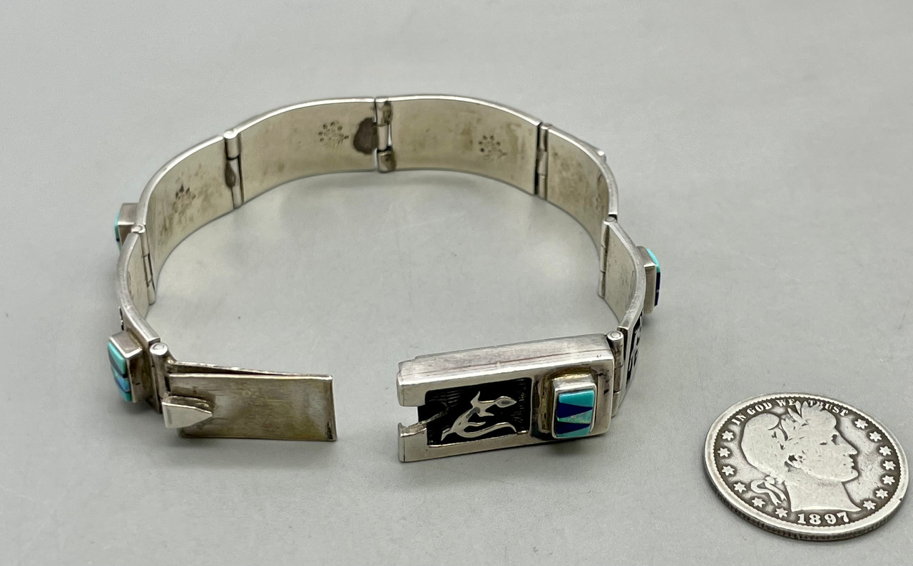 Unique Hopi Sterling Silver Overlay With Multi Stone Inlay Bracelet