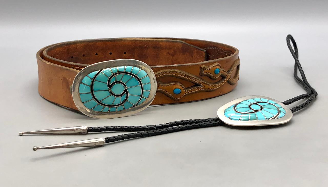 Turquoise Inlay Bolo Tie and Belt Buckle Set By Dickie And 