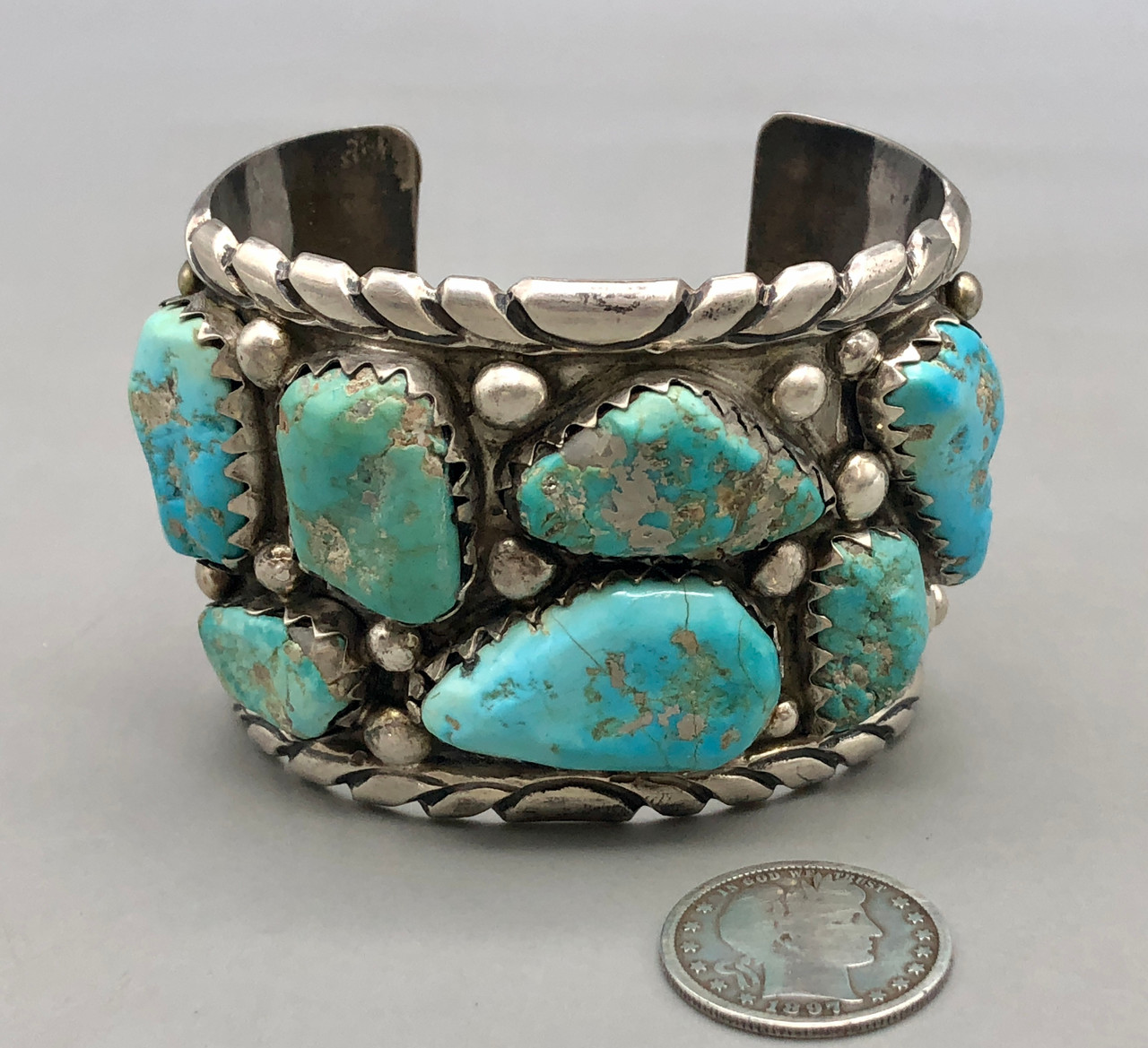 Vintage Seven Stone Zuni Turquoise Bracelet By Eugene Mahooty