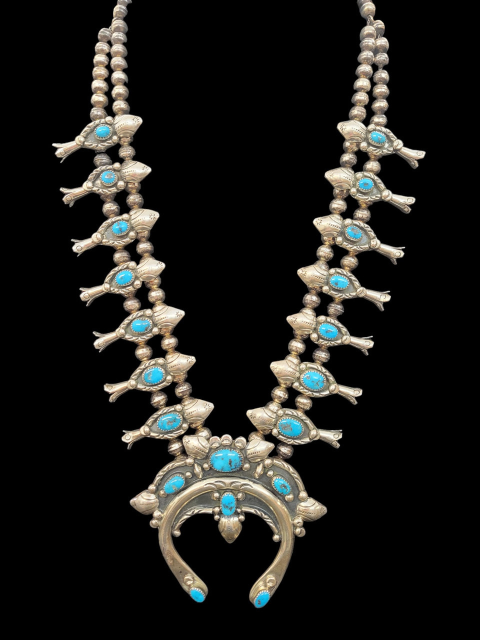 Vintage Turquoise and Sterling Silver Four Petal Squash Blossom