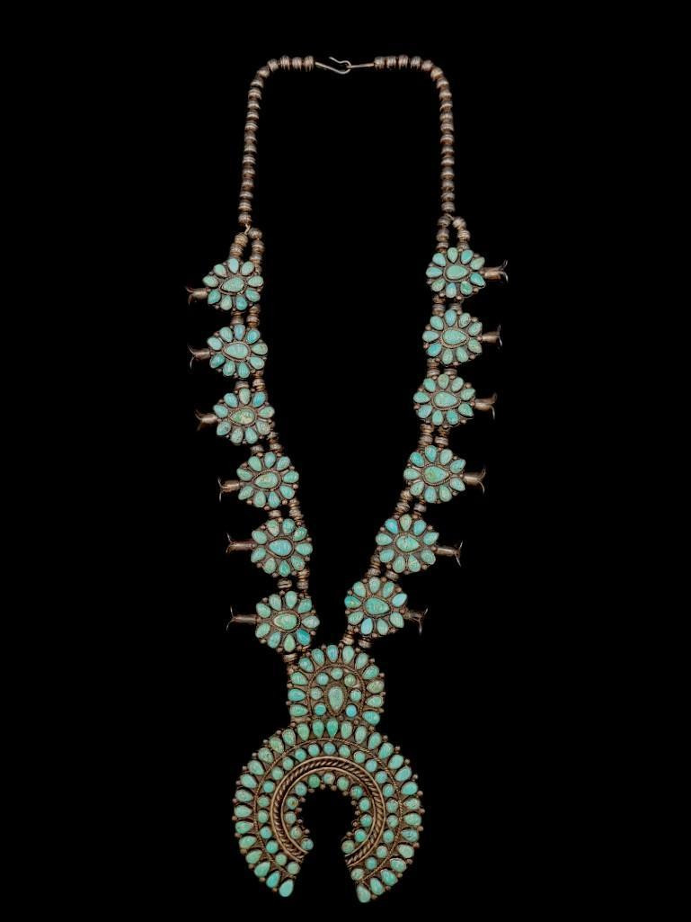 Nice! Vintage Natural Turquoise Cluster Squash Blossom Necklace by