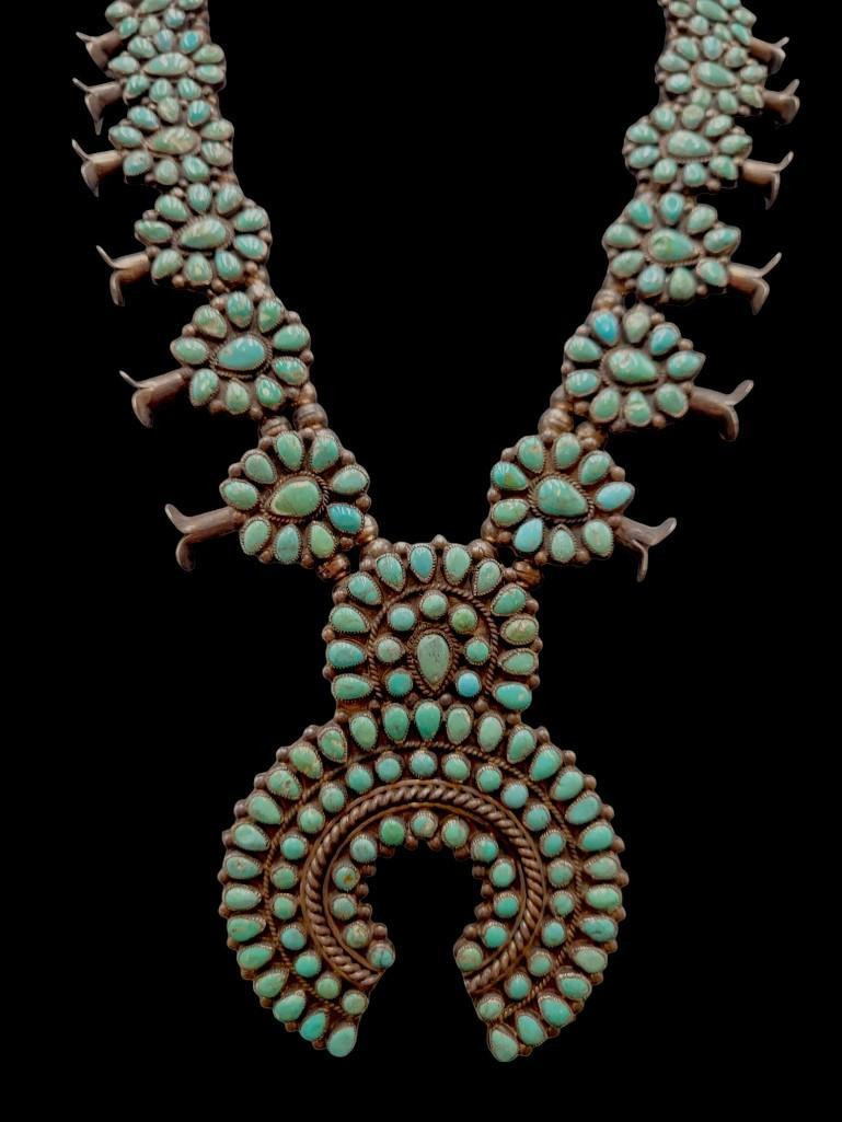 Nice! Vintage Natural Turquoise Cluster Squash Blossom Necklace by