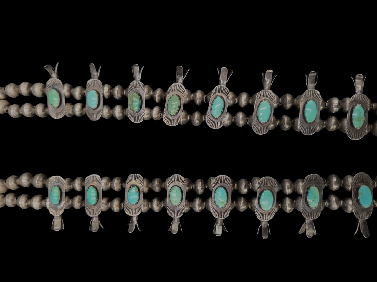 1930s-1940s Turquoise Box Bow Squash Blossom Necklace