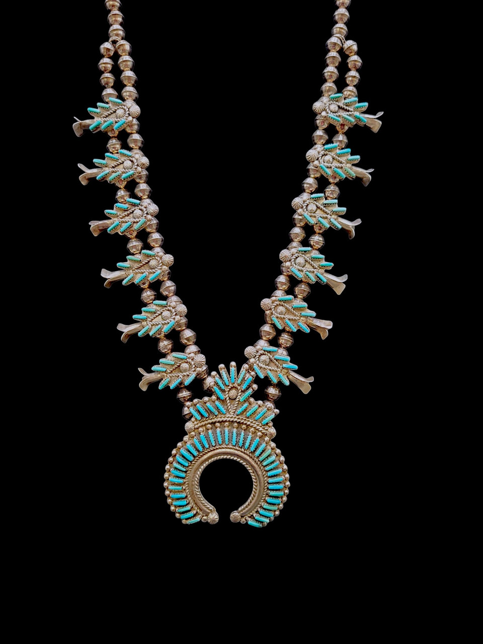 Vintage Needlepoint Turquoise Squash Blossom Necklace, Bracelet