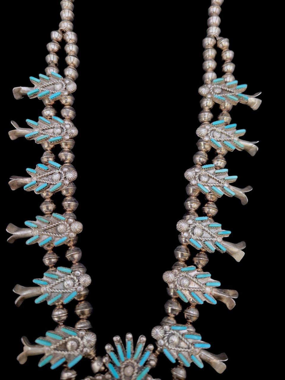 Vintage Needlepoint Turquoise Squash Blossom Necklace, Bracelet