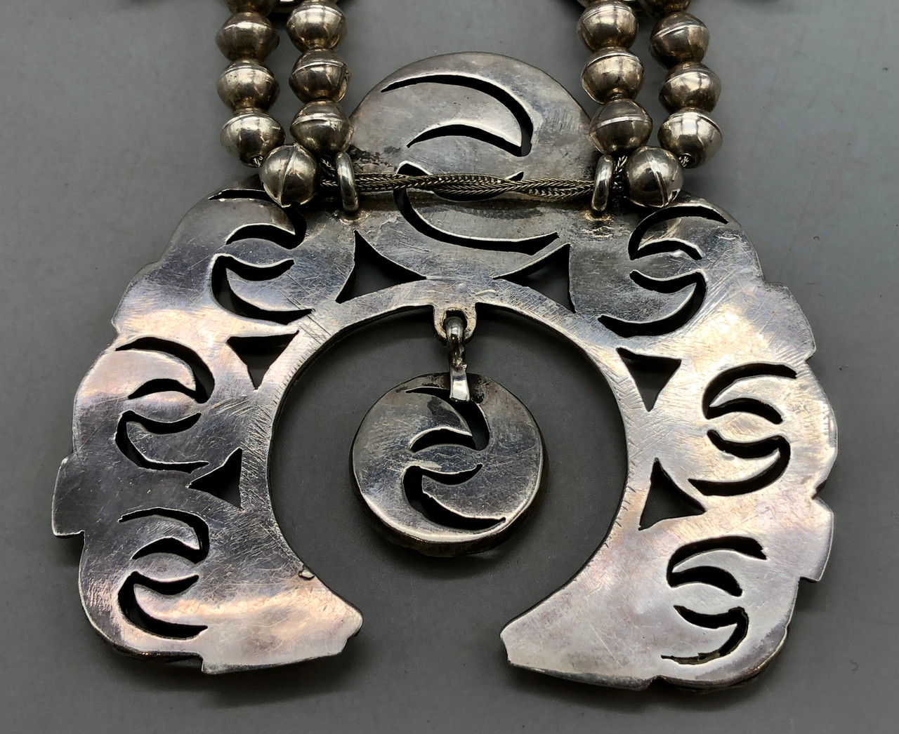 Circa 1960s Turquoise Inlay Four Petal Squash Blossom Necklace And