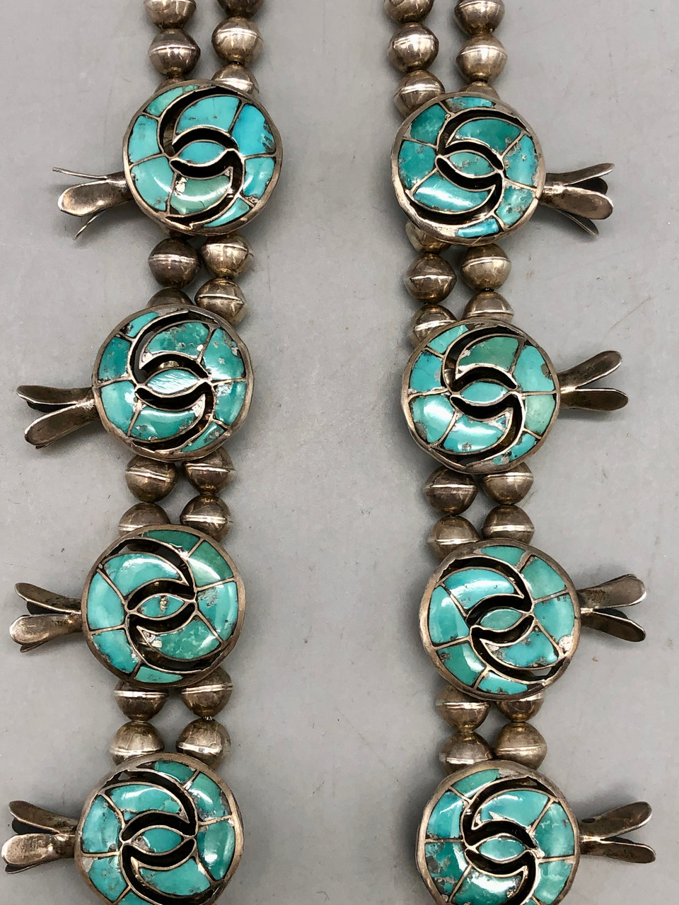 Circa 1960s Turquoise Inlay Four Petal Squash Blossom Necklace And