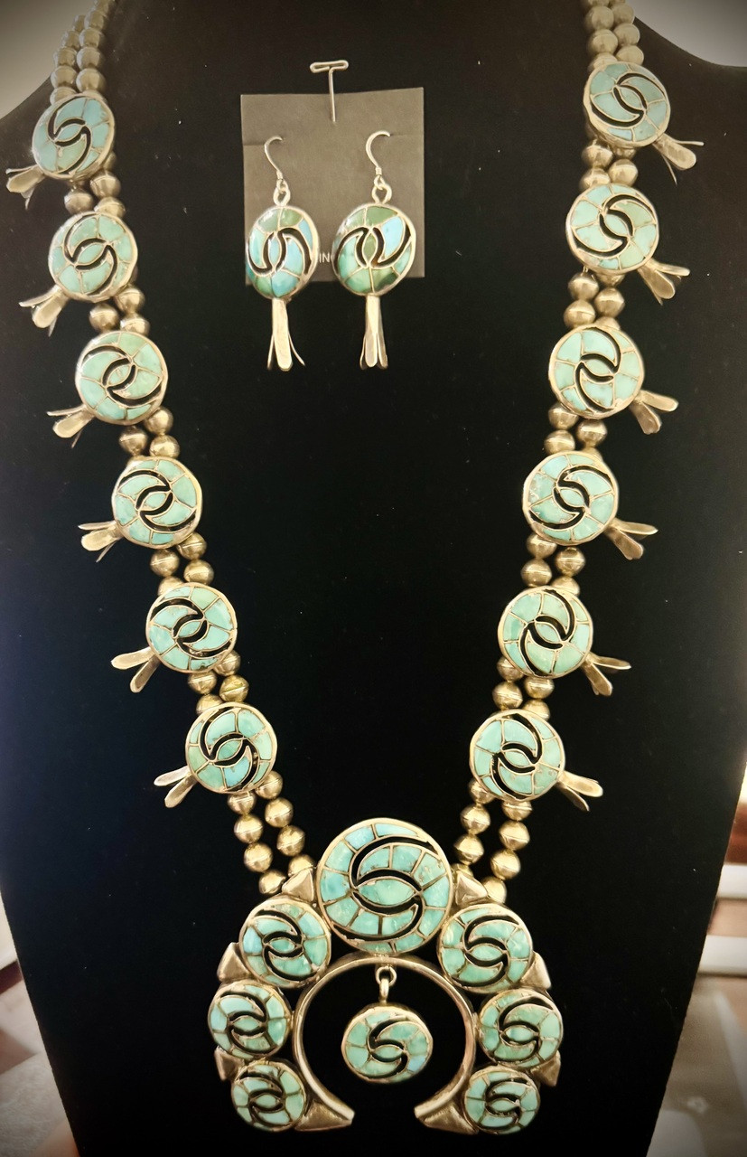 Circa 1960s Turquoise Inlay Four Petal Squash Blossom Necklace And