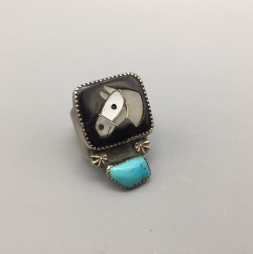 ring, horse head, sterling silver, turquoise, mother of pearl, onyx, inlay
