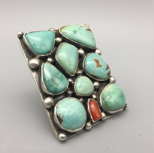 ring, cluster, turquoise, coral, sterling silver, signed