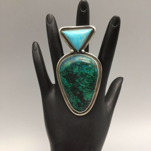 ring, Nick Jackson, NJ, signed, hallmarked, turquoise, chrysocolla, sterling silver, size 8