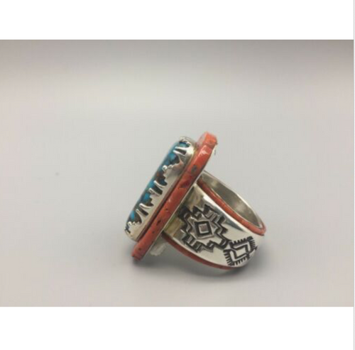 ring, coral, turquoise, sterling silver, signed, size 15, signed