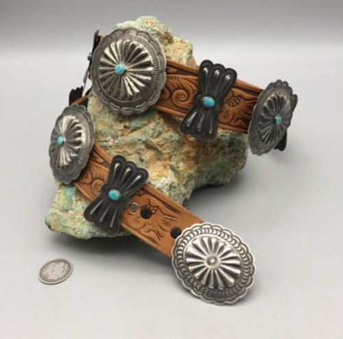 concho belt, sterling silver, turquoise