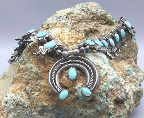 Gorgeous Older, Box Bow Style, Vintage Turquoise Squash Blossom Necklace!